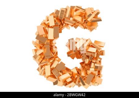 Letter G, from golden ingots. 3D rendering isolated on white background Stock Photo