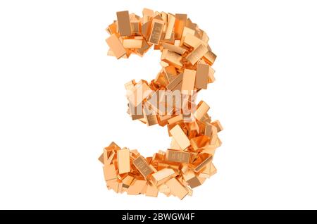 Number 3, from golden ingots. 3D rendering isolated on white background Stock Photo