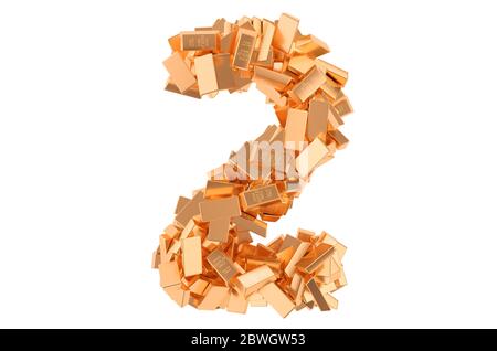 Number 2, from golden ingots. 3D rendering isolated on white background Stock Photo