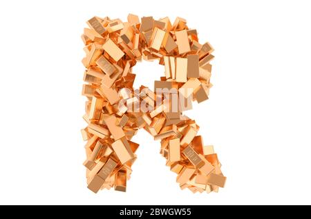 Letter R, from golden ingots. 3D rendering isolated on white background Stock Photo