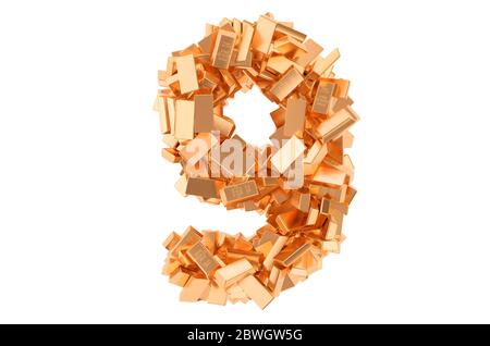 Number 9, from golden ingots. 3D rendering isolated on white background Stock Photo