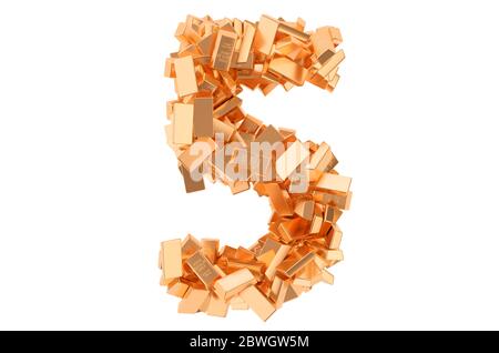 Number 5, from golden ingots. 3D rendering isolated on white background Stock Photo