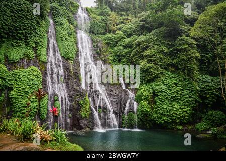 Jungle waterfall cascade in tropical rainforest with rock and turquoise blue pond. Banyumala twin waterfall in Bali, Indonesia. Stock Photo