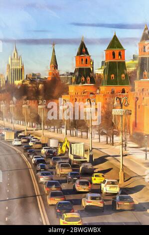 View of  Kremlin colorful painting looks like picture, Moscow, Russia Stock Photo