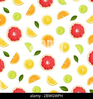 Colorful pattern of citrus fruit slices and citrus leaves isolated on white background. Top view, flat lay. Stock Photo