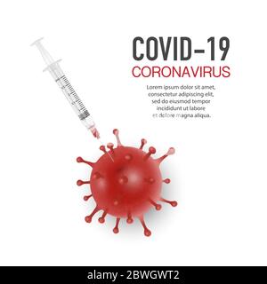 Vector Banner or Placard with 3d Realistic Red Coronavirus Bacteria, Cell and Syringe Isolated on White Background. 2019-nCoV, Covid-2019, Covid-19 Stock Vector