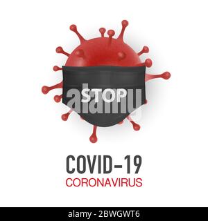 Vector Banner, Placard with 3d Realistic Coronavirus Bacteria, Cell and Face Medical Protect Mask Closeup Isolated on White Background. 2019-nCoV Stock Vector