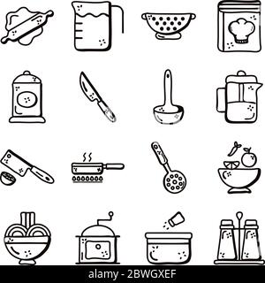 Cook and kitchen line style icon set vector design Stock Vector