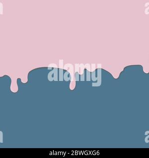Pink paint or other liquid flows down or drips on a turquoise vector background in pastel colors. For your cartoon style design. Stock Vector