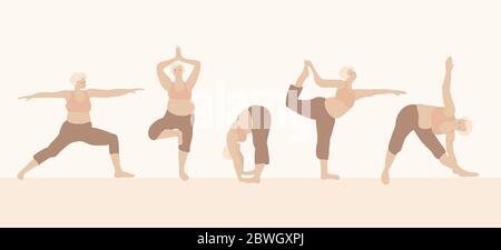 Plus size girl in various yoga asanas. A woman in a bra and sports legends goes in for sports Stock Vector