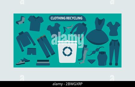 Recycling clothing. Secondary processing of clothing. A set of clothes for the trash. Stock Vector