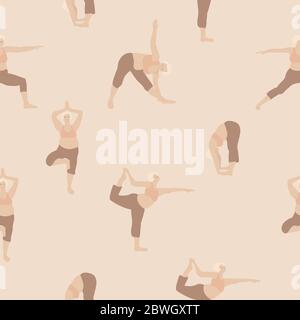 Yoga pattern. Plus size woman in various yoga asanas. Vector illustration in hand drawing flat style, pastel colors. For blogs, design. Stock Vector