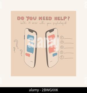 Psychological health. Psychological help online counseling concept. Two smartphones with icons of various problems and solutions. Stock Vector