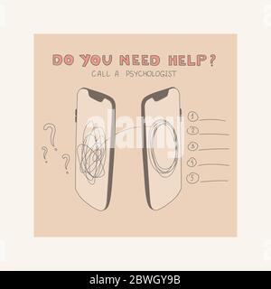 Psychological health. Psychological help online counseling concept. Two smartphones with icons of various problems and solutions. Vector illustration Stock Vector