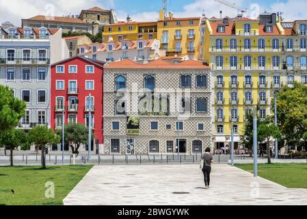 LISBON, PORTUGAL - JULY 2, 2019. The former parking lot at the Campo das Cebolas, now a new green area and public space in the Alfama district of Lisb Stock Photo