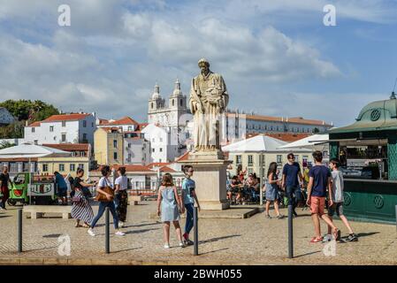 LISBON, PORTUGAL - JULY 2, 2019: Sculpture of Sao Vicente (St. Vincent of Saragossa), Lisbon's Patron Saint, near Miradouro das Portas do Sol in Lisbo Stock Photo