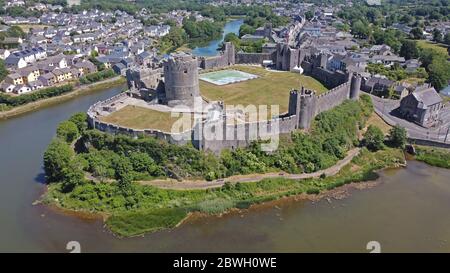 Aerial view of Pembroke Castle, Pembrokeshire Wales UK Stock Photo