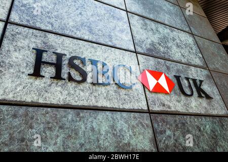 London- HSBC bank exterior logo. British multinational banking and financial services organisation Stock Photo