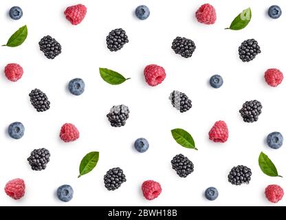 Raspberry, blackberry and blueberry isolated on white background,  top view, flat lay pattern. Stock Photo