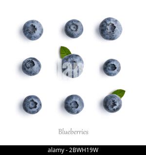 Blueberries on white background isolated,  top view, flat lay pattern. Stock Photo
