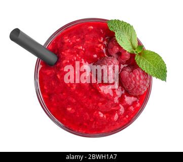 Fresh raspberry smoothie with drinking straw isolated on white background, top view Stock Photo