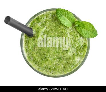 Fresh green smoothie with lime, spinach and celery isolated on white background, top view Stock Photo