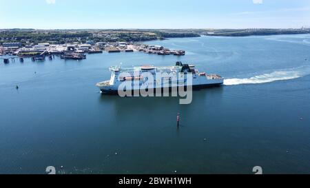 Aerial view of car Ferry arriving in Pembroke Dock
