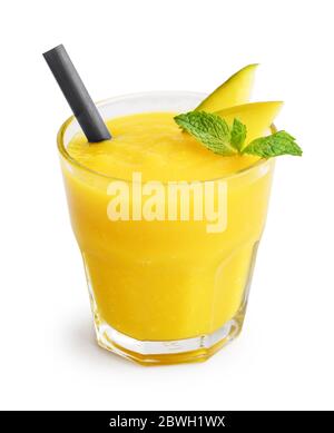 Glass of mango smoothie isolated on white background. Clipping path included Stock Photo