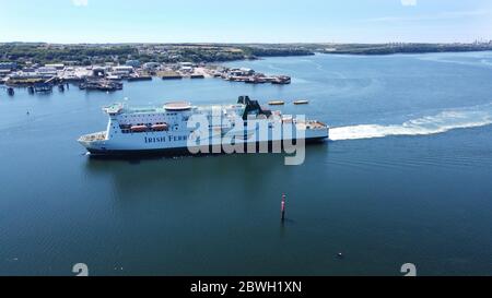 Aerial view of car Ferry arriving in Pembroke Dock
