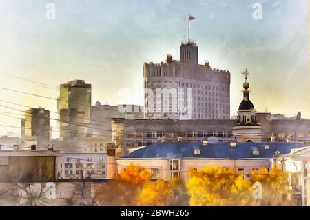 House of the Government colorful painting looks like picture, Moscow, Russia Stock Photo