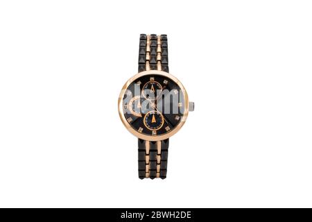 Two tone orange and black colored chronograph wristwatch with engineer style metal bracelet and black face dial, isolated on white background. Stock Photo