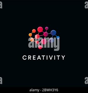 Creative brain logo. Creativity and creative thinking symbol. Neural network emblem. Cerebral neurons connections icon. Isolated scientific innovation Stock Vector
