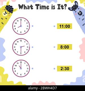 What time is it activity page for kids with clock Stock Vector