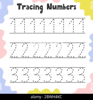 Numbers 1, 2, 3 tracing practice worksheet for kids Stock Vector