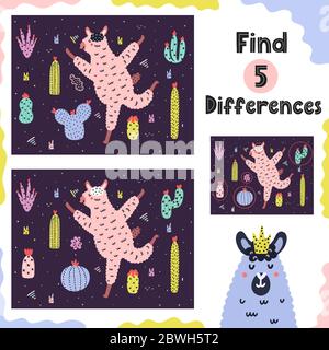 Find 5 differences game for kids with funny alpaca Stock Vector