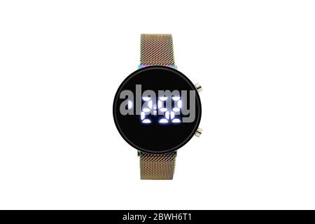 Round smartwatch with colorful matte metal mesh strap, black dial face and digital numerals, isolated on white background. Stock Photo