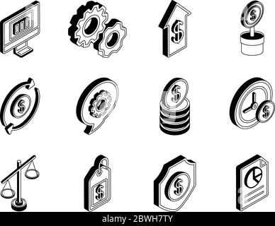 Money and financial isometric line style icon set vector design Stock Vector