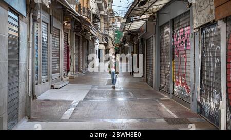 Closed stores at the Pandrossou street market during the Covid -19 crisis in Plaka, Athens, Greece. Stock Photo