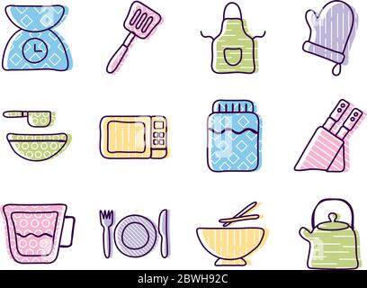 Cook and kitchen line and fill style icon set vector design Stock Vector