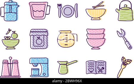 Cook and kitchen line and fill style icon set vector design Stock Vector