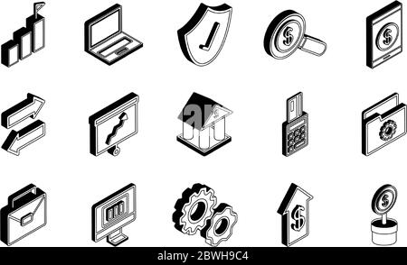 Money and financial isometric line style icon set vector design Stock Vector