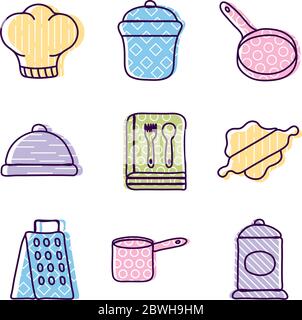 Cook and kitchen line and fill style icon set vector design Stock Vector