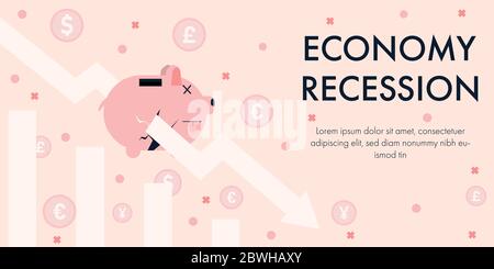 Concept economy recession vector illustration with downward arrow through dead piggy bank and Dollar, Pounds, Euro and Yen coins. Stock Vector