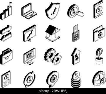 Money and financial isometric line style icon set vector design Stock Vector