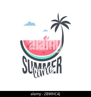 summer time Typography with sun and water wave also palm tree. Welcome Summer Vector Illustration Design Stock Vector