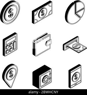 Money and financial isometric line style icon set vector design Stock Vector