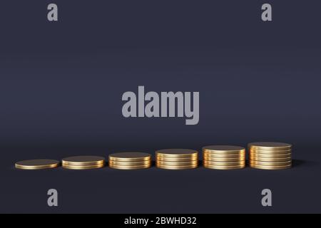 Gold Coins stack on blue color background. front view 3D idea Creative concept. Stock Photo