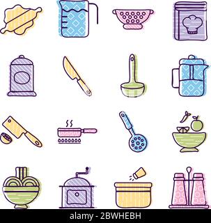 Cook and kitchen line and fill style icon set vector design Stock Vector