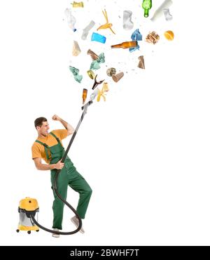 Janitor with vacuum cleaner and different garbage on white background Stock Photo