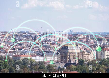 View of modern city with location pointers Stock Photo